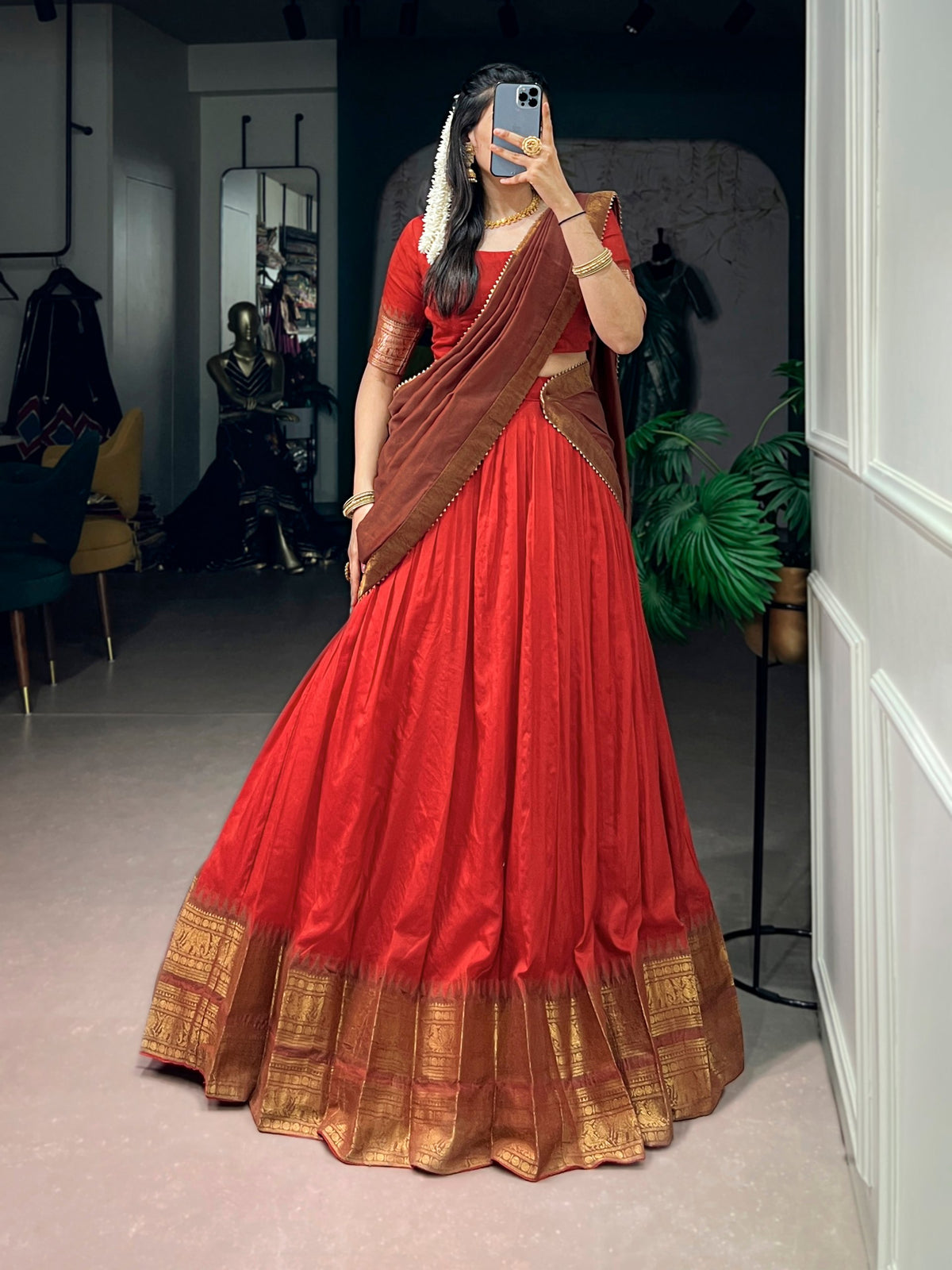 Traditional South Indian Poly Cotton Lehenga with Zari Woven Border & Gota Patti Dupatta