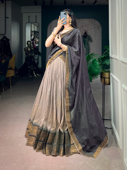 Traditional South Indian Poly Cotton Lehenga with Zari Woven Border & Gota Patti Dupatta