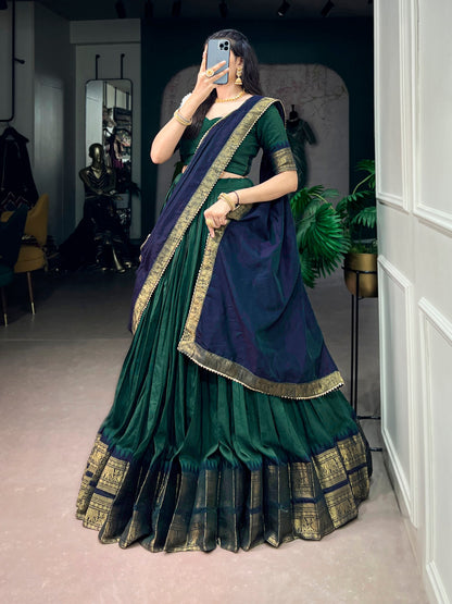 Traditional South Indian Poly Cotton Lehenga with Zari Woven Border & Gota Patti Dupatta
