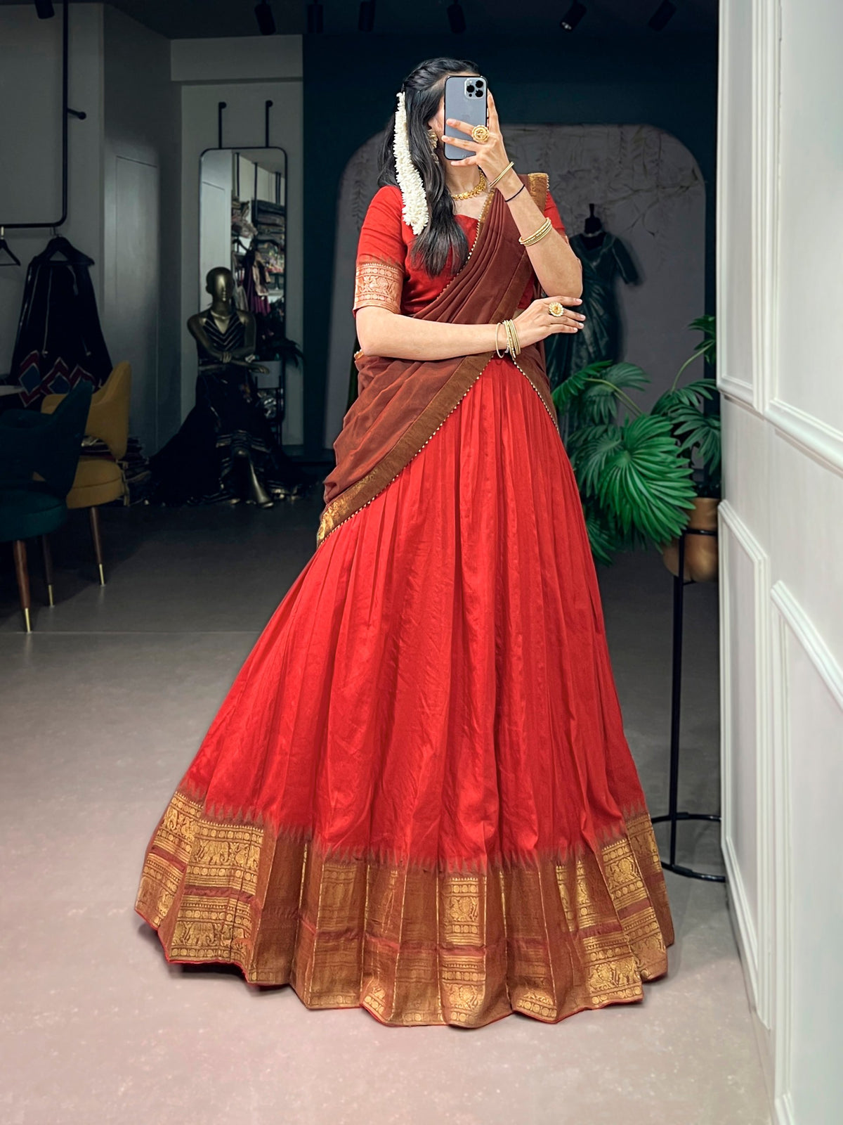Traditional South Indian Poly Cotton Lehenga with Zari Woven Border & Gota Patti Dupatta