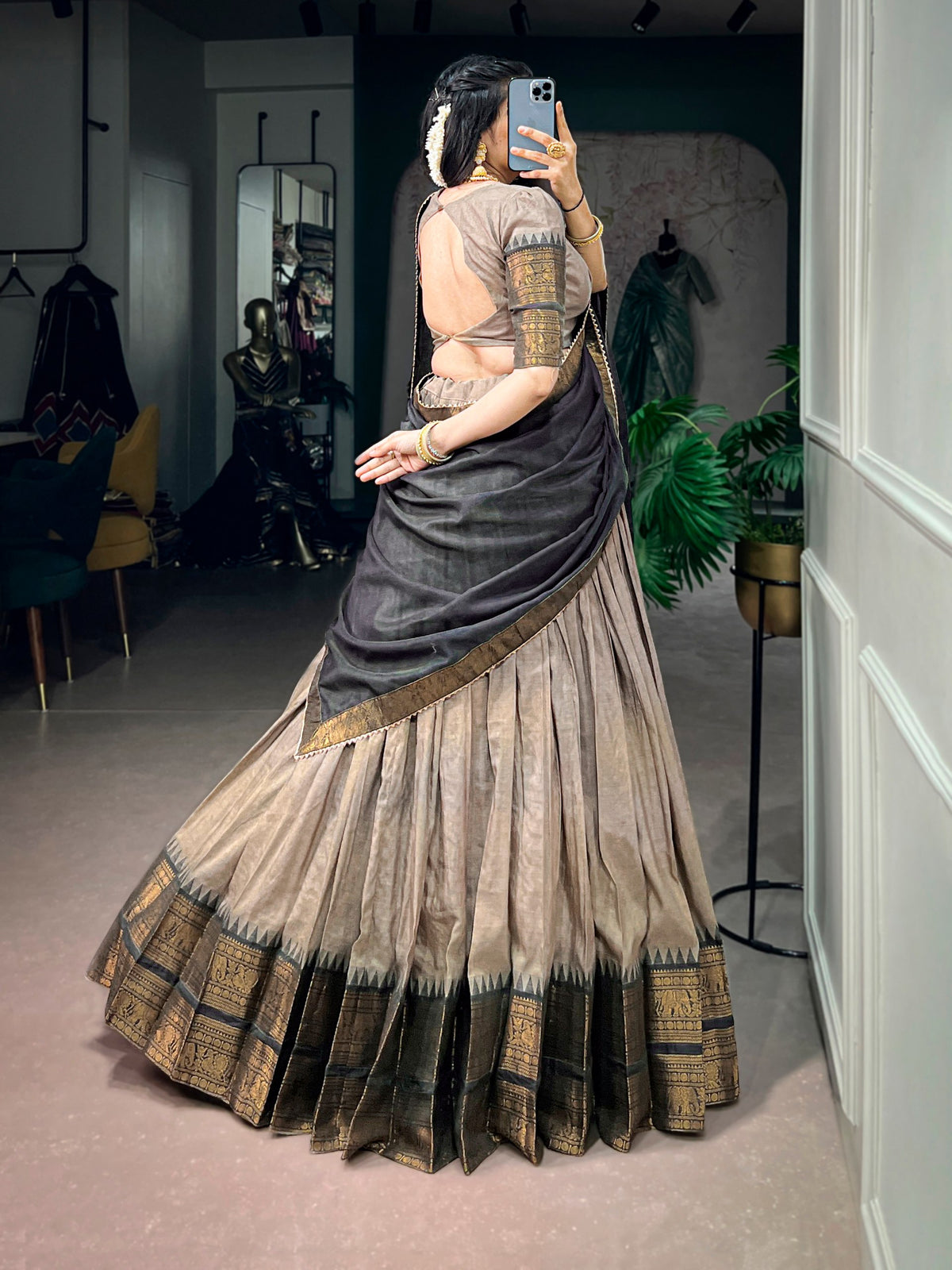 Traditional South Indian Poly Cotton Lehenga with Zari Woven Border & Gota Patti Dupatta