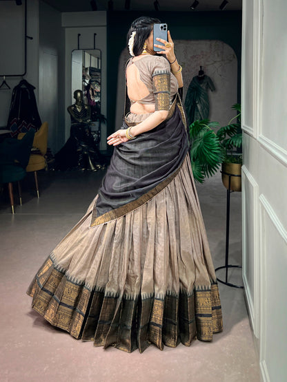 Traditional South Indian Poly Cotton Lehenga with Zari Woven Border & Gota Patti Dupatta