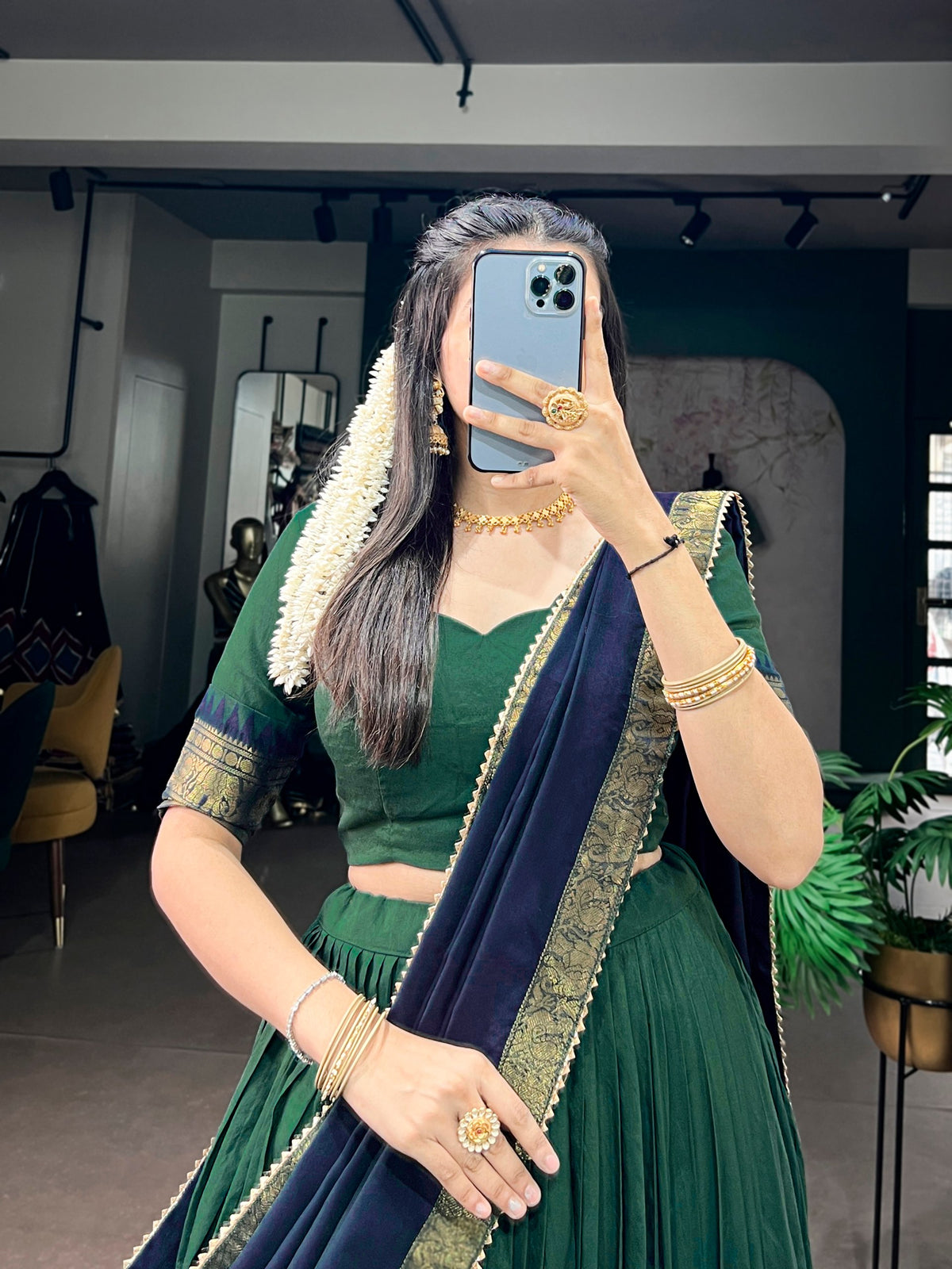 Traditional South Indian Poly Cotton Lehenga with Zari Woven Border & Gota Patti Dupatta