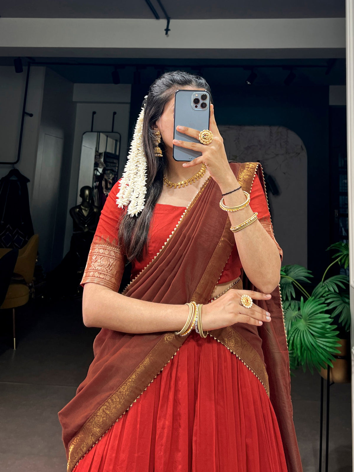 Traditional South Indian Poly Cotton Lehenga with Zari Woven Border & Gota Patti Dupatta