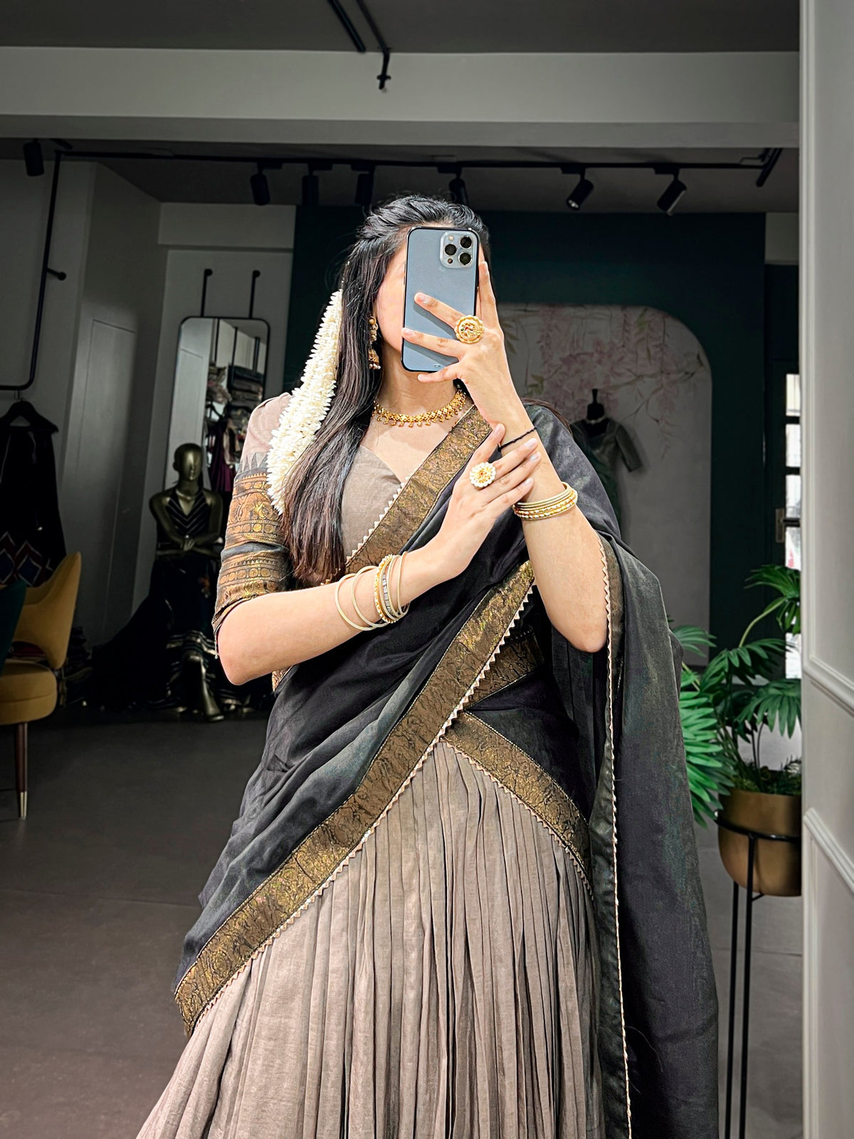 Traditional South Indian Poly Cotton Lehenga with Zari Woven Border & Gota Patti Dupatta