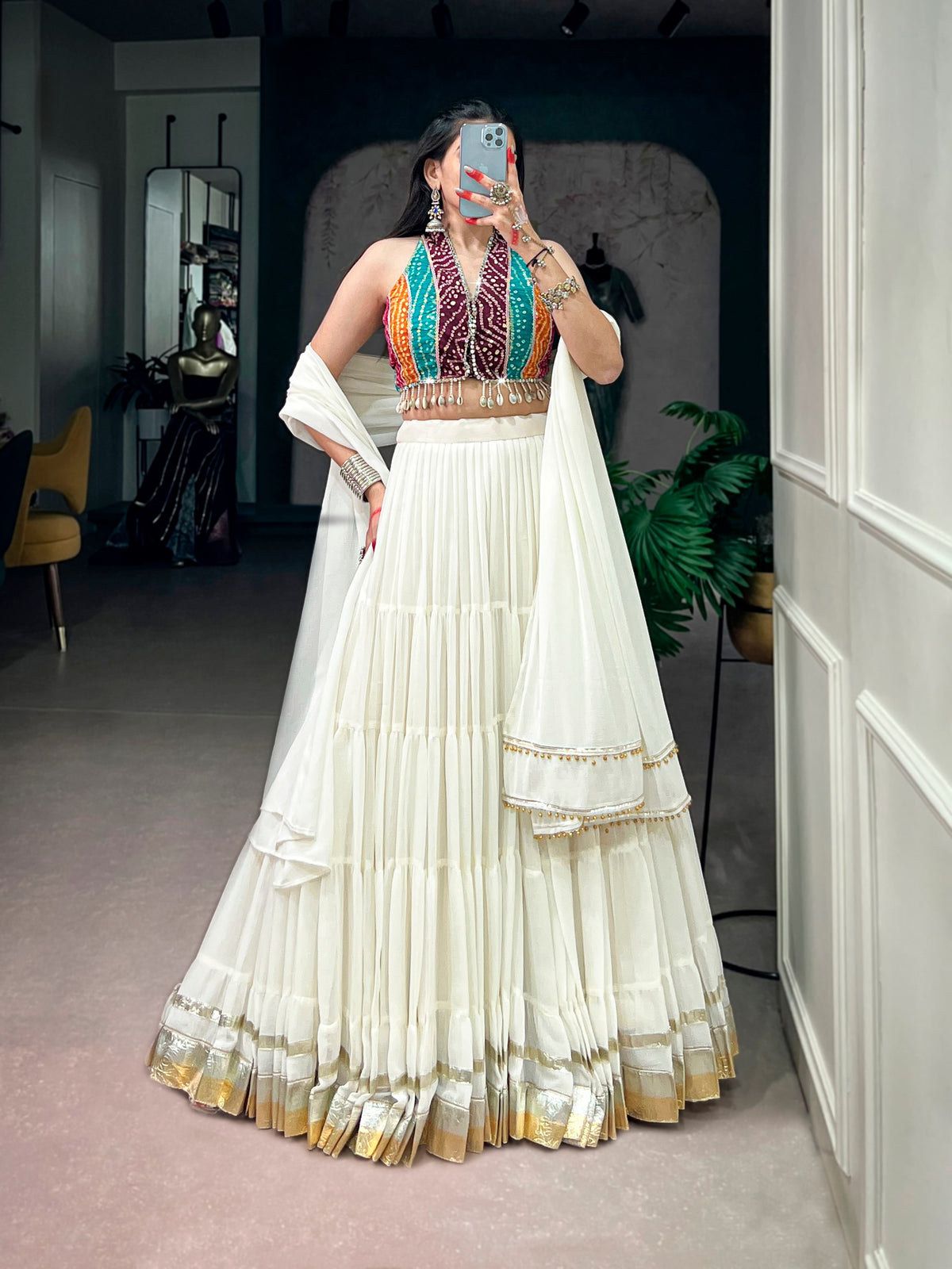 12-Meter Lehenga with Embossed Lace & Bandhani Mirror Work Blouse