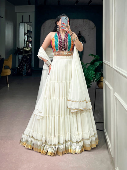 12-Meter Lehenga with Embossed Lace & Bandhani Mirror Work Blouse