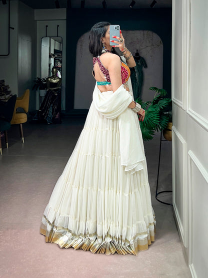12-Meter Lehenga with Embossed Lace & Bandhani Mirror Work Blouse