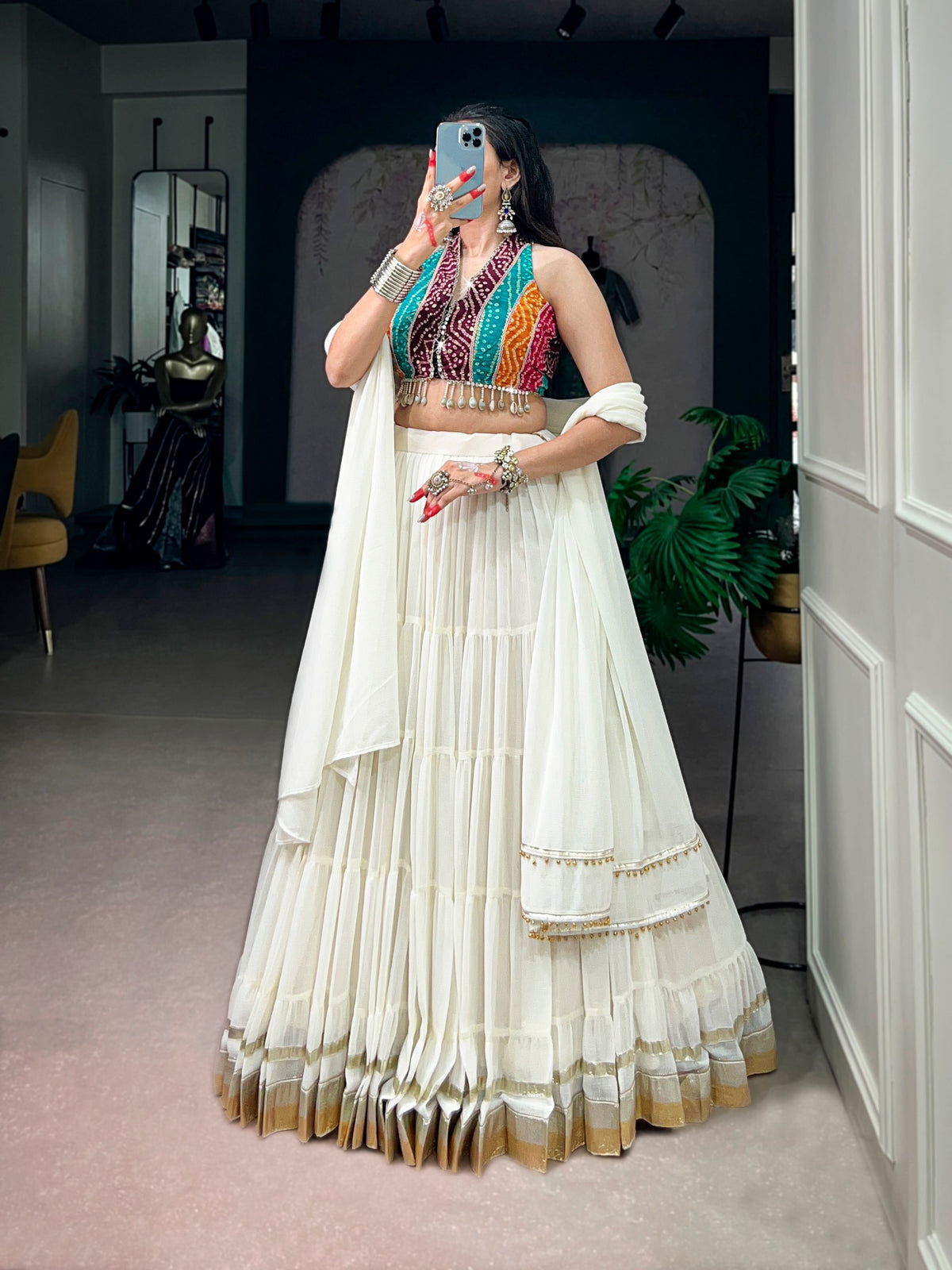 12-Meter Lehenga with Embossed Lace & Bandhani Mirror Work Blouse