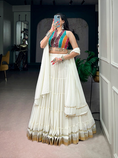12-Meter Lehenga with Embossed Lace & Bandhani Mirror Work Blouse