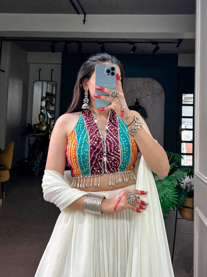 12-Meter Lehenga with Embossed Lace & Bandhani Mirror Work Blouse