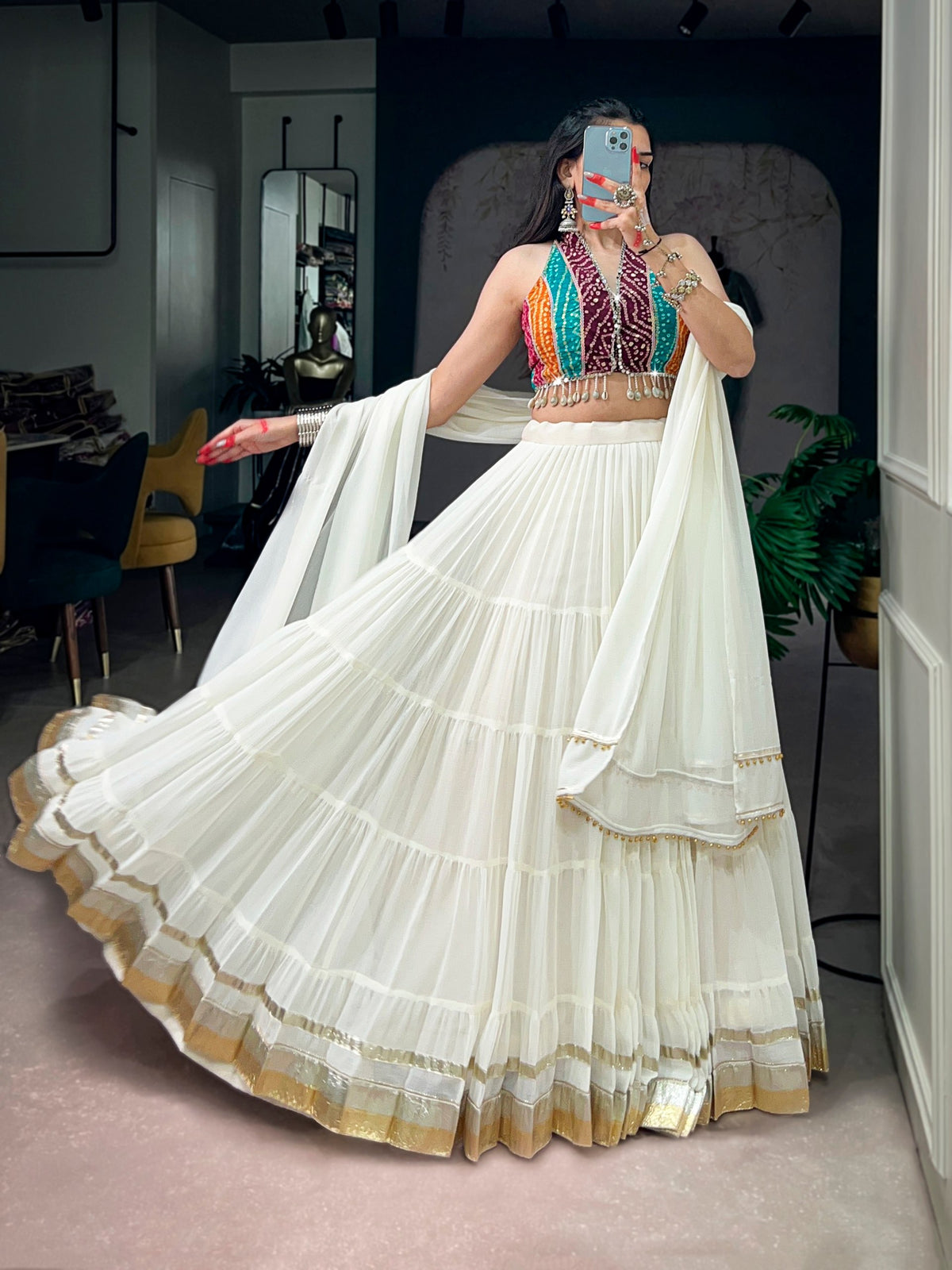 12-Meter Lehenga with Embossed Lace & Bandhani Mirror Work Blouse