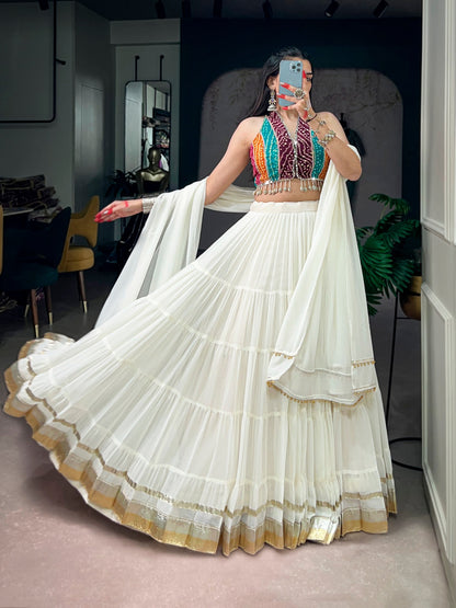 12-Meter Lehenga with Embossed Lace & Bandhani Mirror Work Blouse