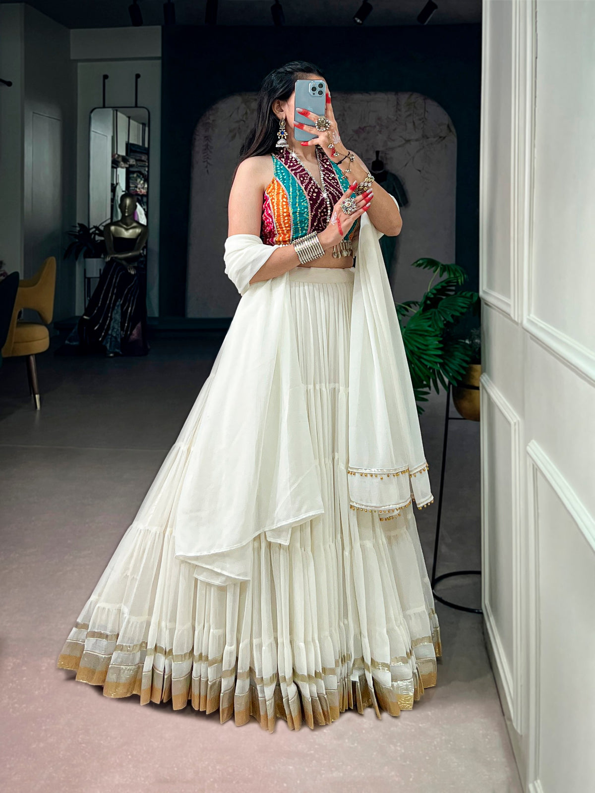 12-Meter Lehenga with Embossed Lace & Bandhani Mirror Work Blouse