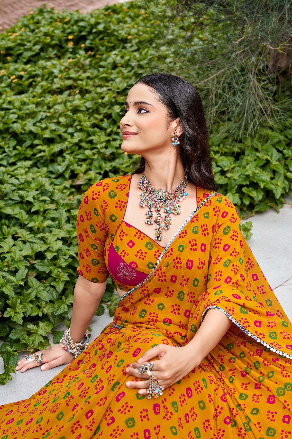 Gulal Bandhej Lehenga with Embroidery & Mirror Lace