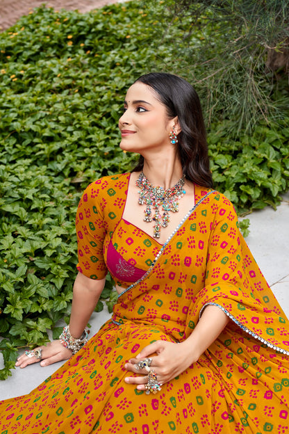 Gulal Bandhej Lehenga with Embroidery & Mirror Lace