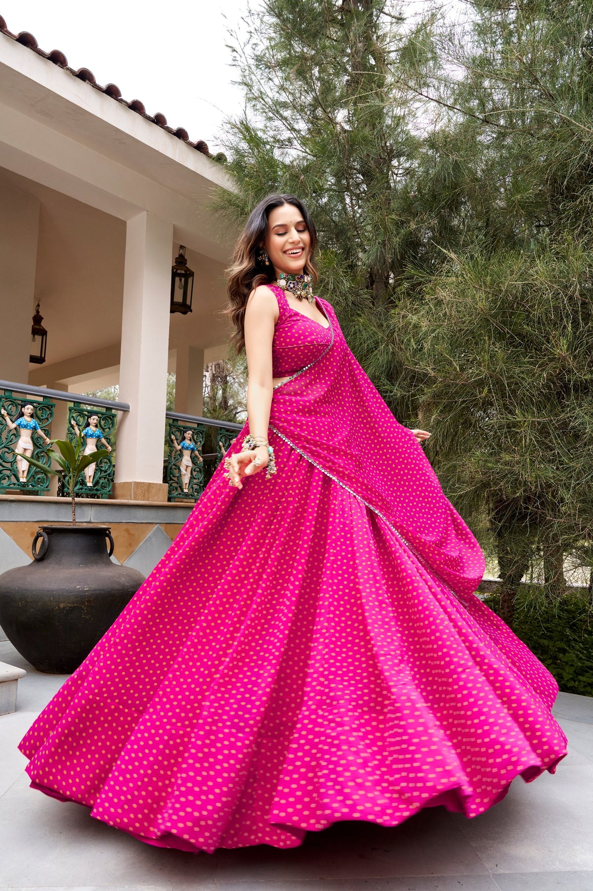 Gulal Bandhej Lehenga with Embroidery & Mirror Lace