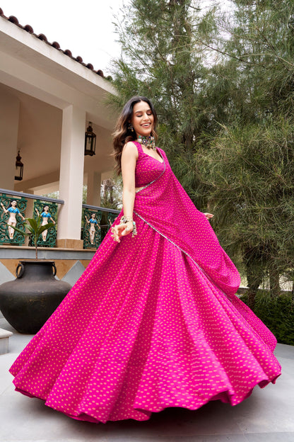 Gulal Bandhej Lehenga with Embroidery & Mirror Lace