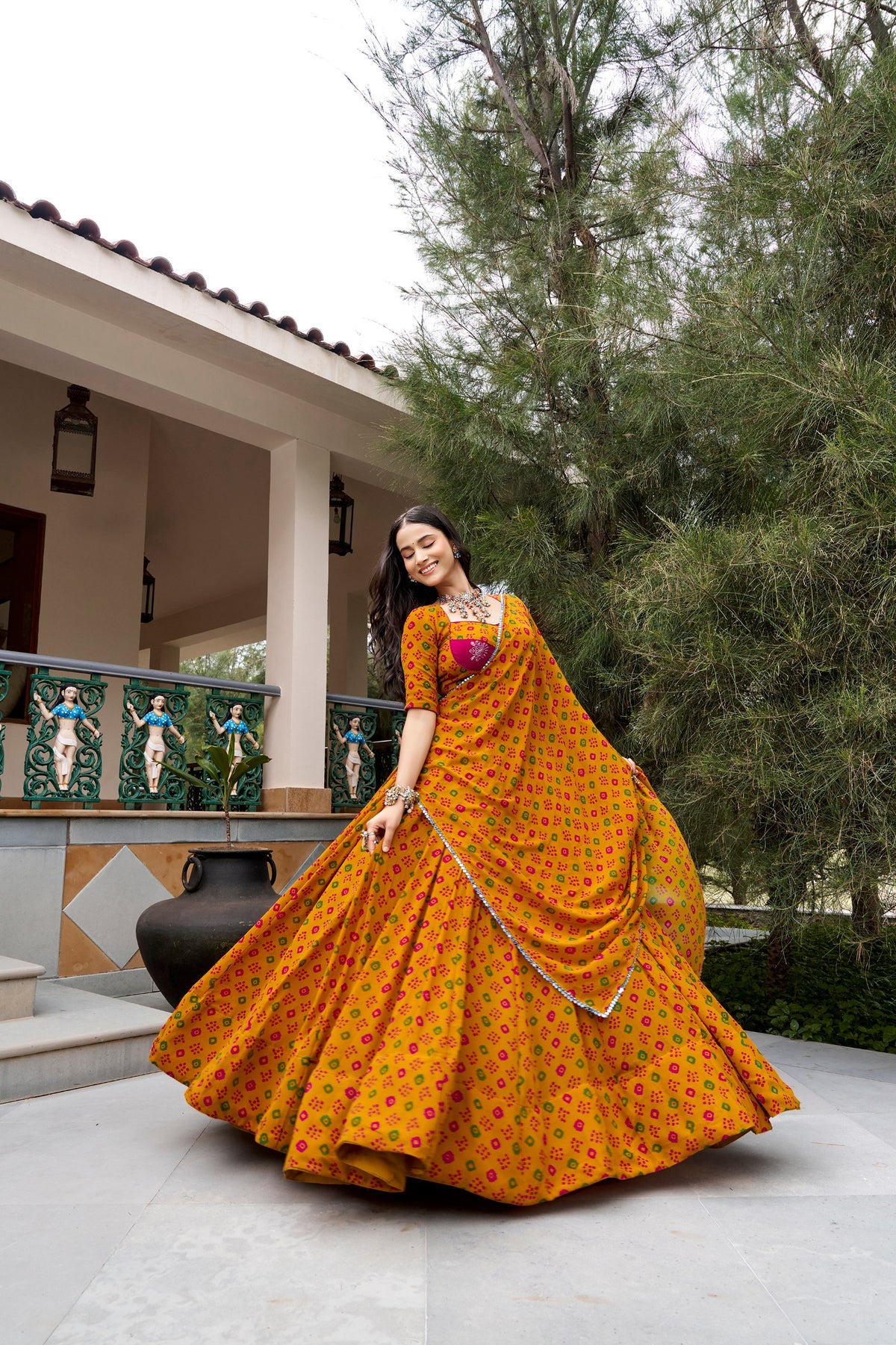 Gulal Bandhej Lehenga with Embroidery & Mirror Lace