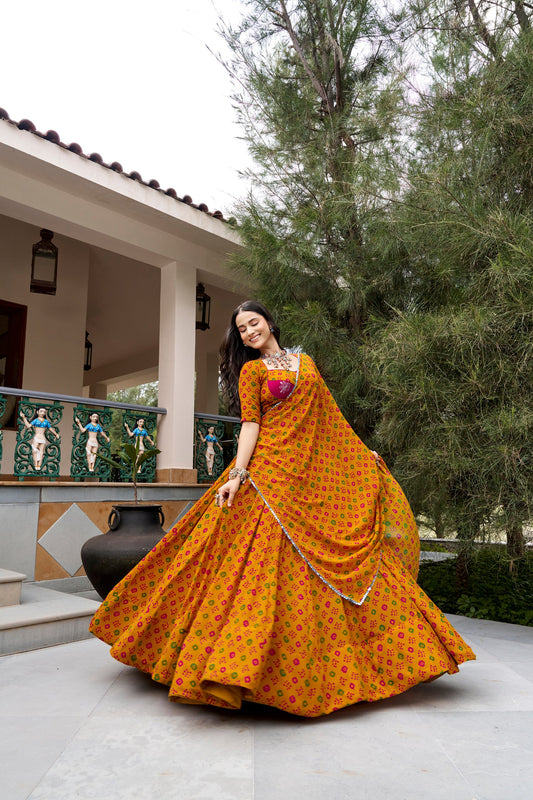 Gulal Bandhej Lehenga with Embroidery & Mirror Lace