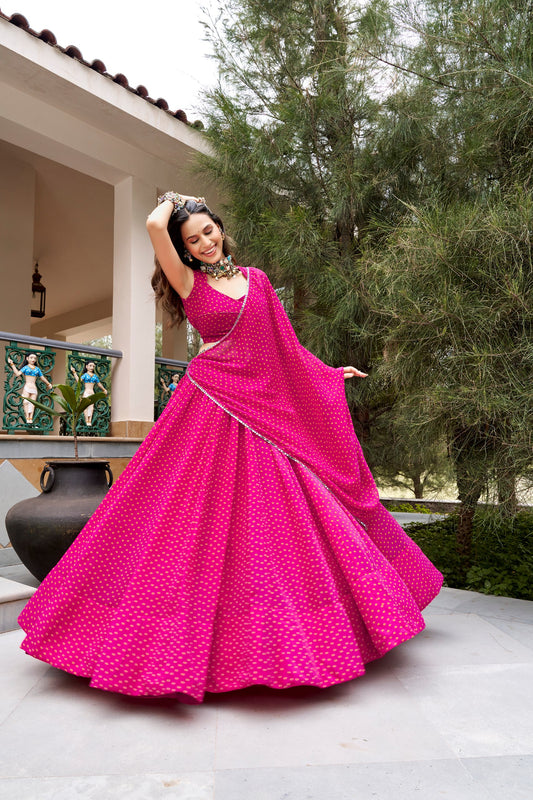 Gulal Bandhej Lehenga with Embroidery & Mirror Lace