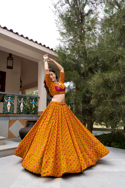 Gulal Bandhej Lehenga with Embroidery & Mirror Lace