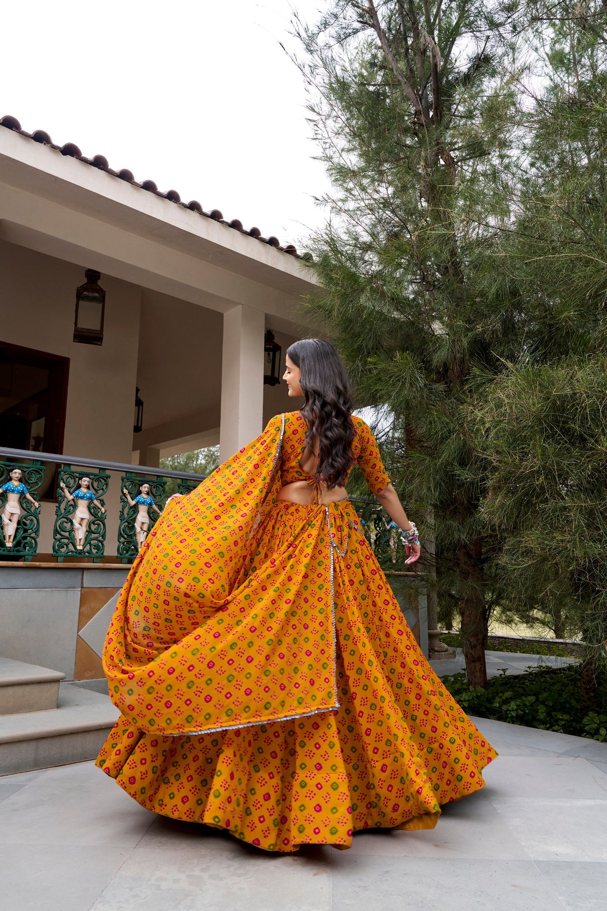 Gulal Bandhej Lehenga with Embroidery & Mirror Lace