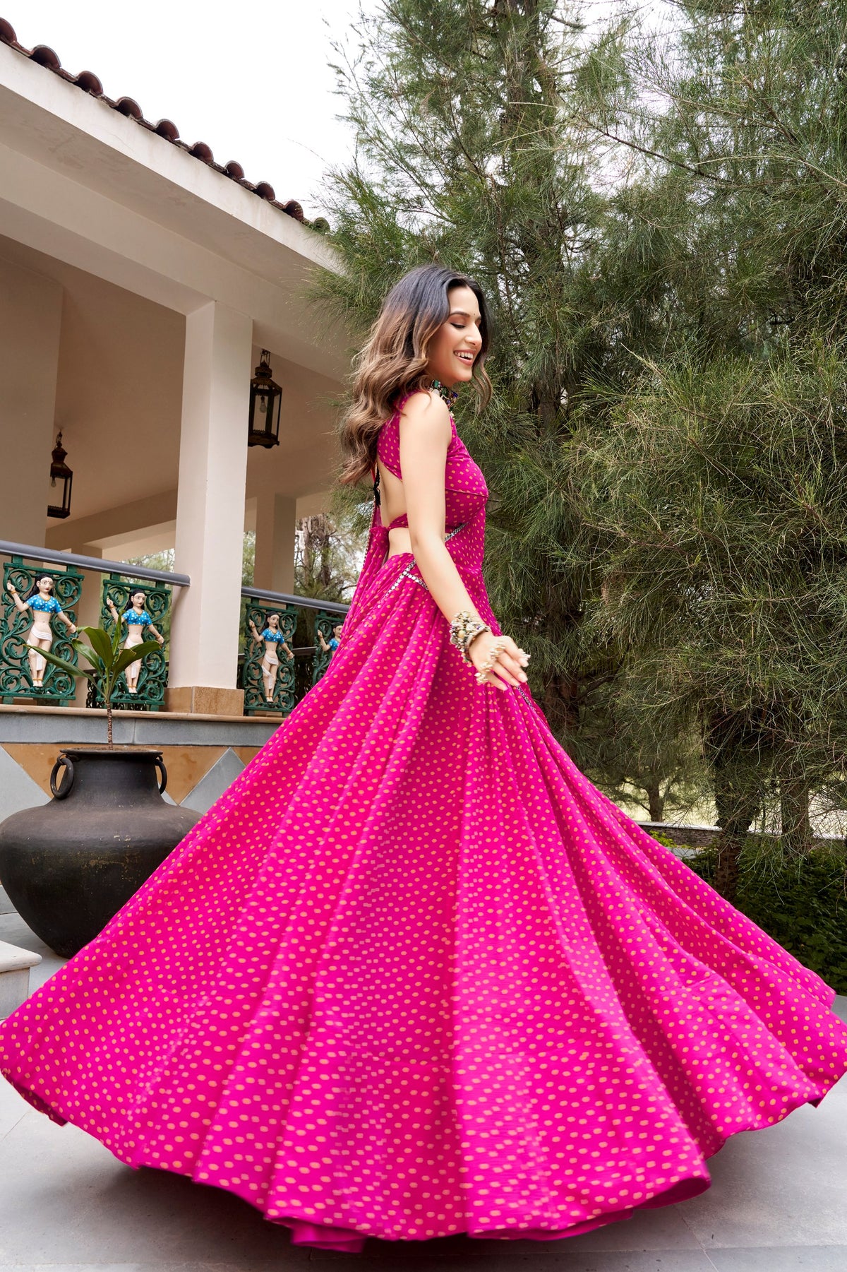Gulal Bandhej Lehenga with Embroidery & Mirror Lace