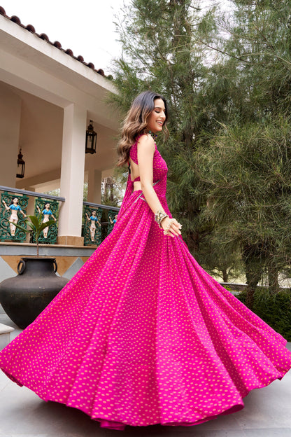 Gulal Bandhej Lehenga with Embroidery & Mirror Lace