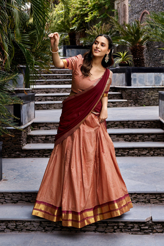 Maroon Checked Cotton Silk Lehenga with Zari Border & Georgette Dupatta