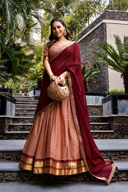 Maroon Checked Cotton Silk Lehenga with Zari Border & Georgette Dupatta