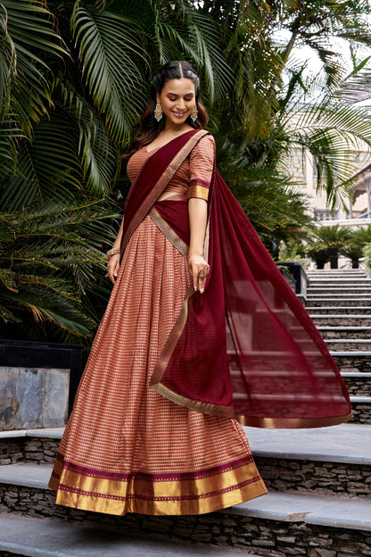Maroon Checked Cotton Silk Lehenga with Zari Border & Georgette Dupatta