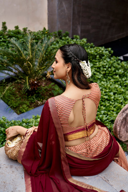 Maroon Checked Cotton Silk Lehenga with Zari Border & Georgette Dupatta