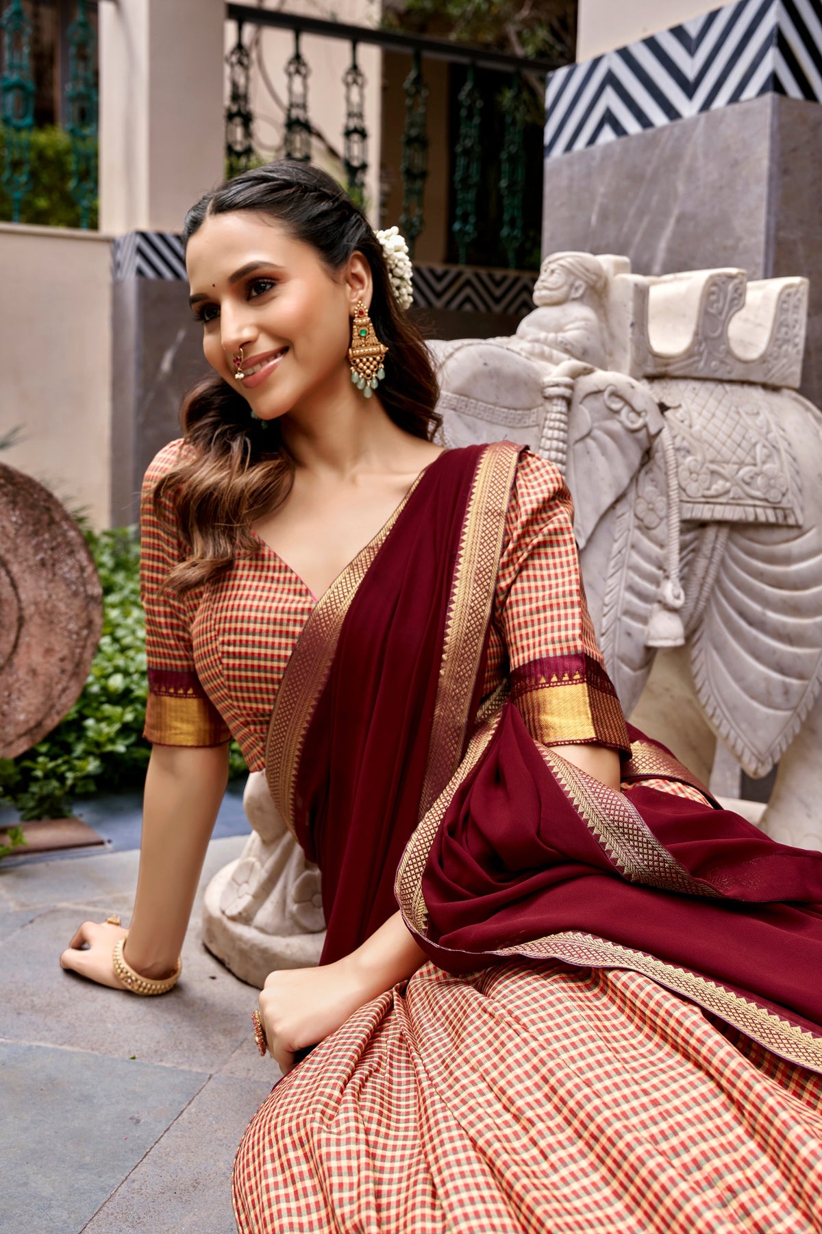 Maroon Checked Cotton Silk Lehenga with Zari Border & Georgette Dupatta