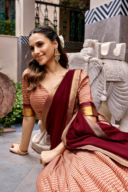 Maroon Checked Cotton Silk Lehenga with Zari Border & Georgette Dupatta