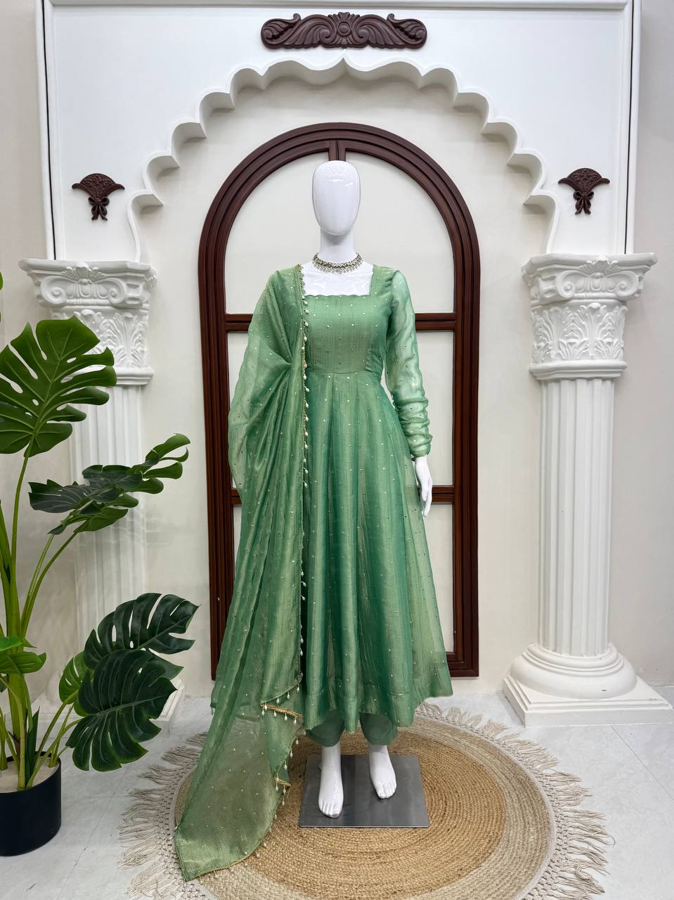 Sage Green Foil Work Gown Set with Pants & Dupatta