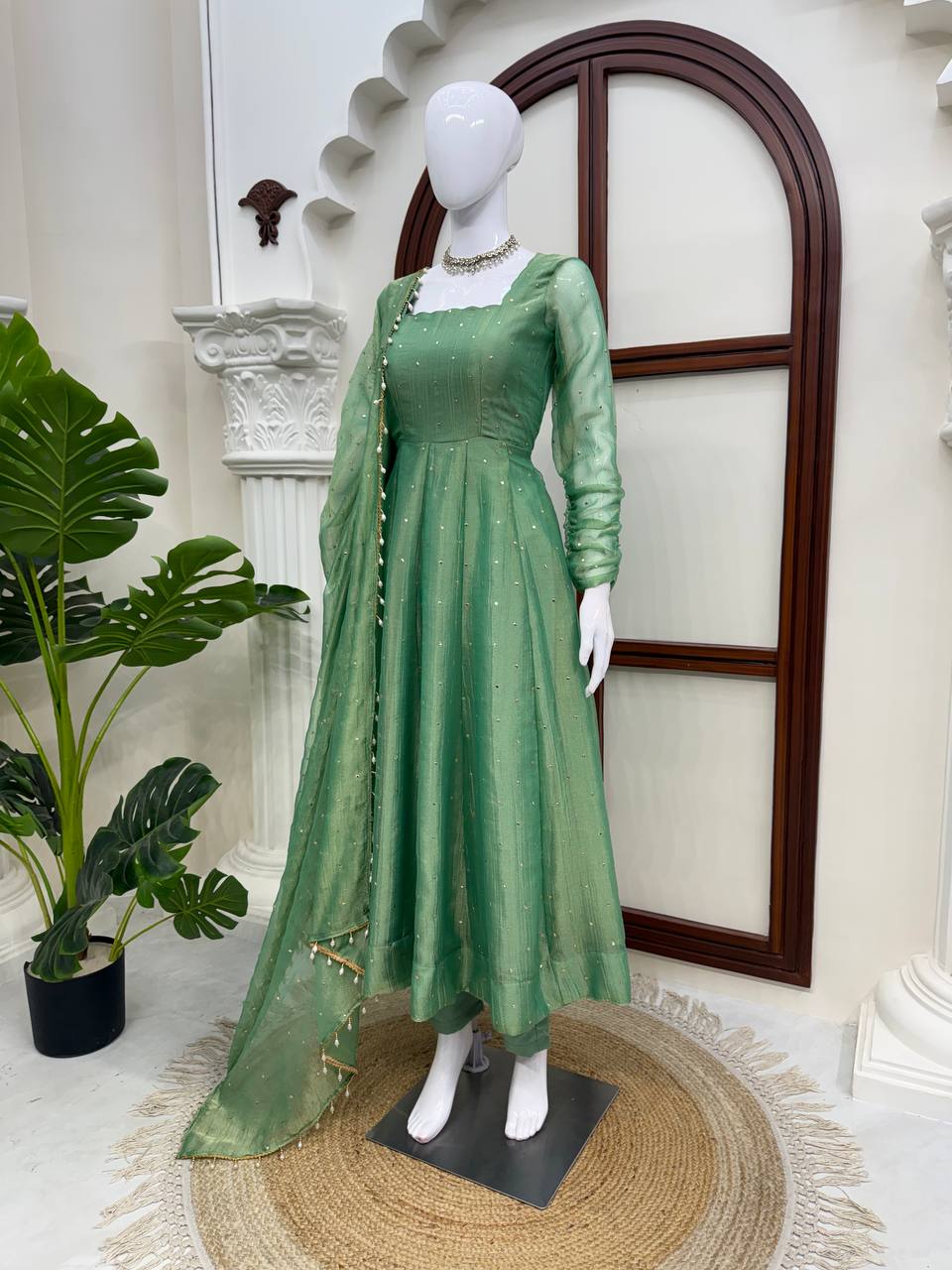 Sage Green Foil Work Gown Set with Pants & Dupatta