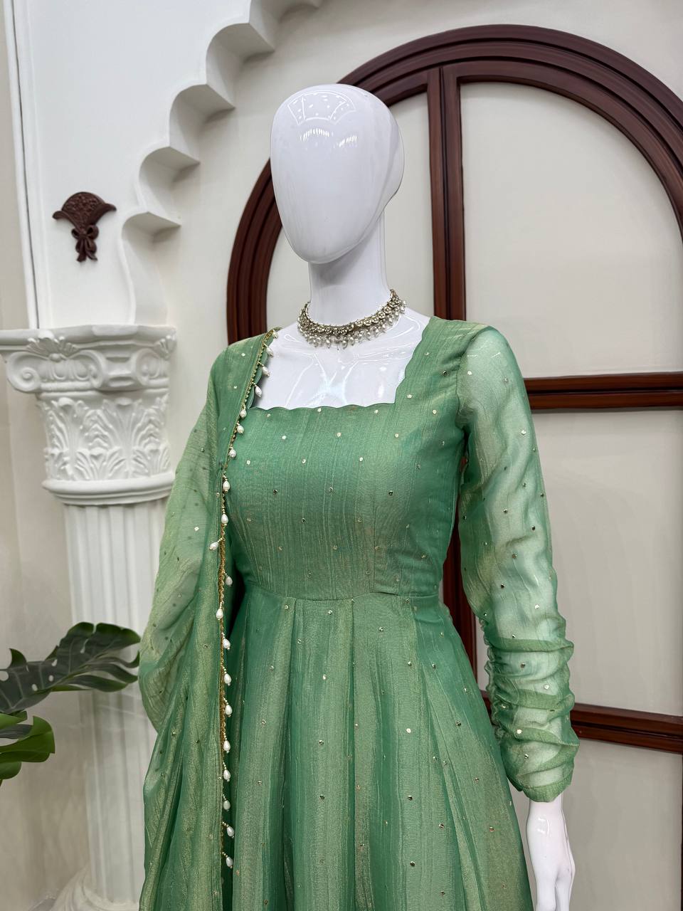 Sage Green Foil Work Gown Set with Pants & Dupatta