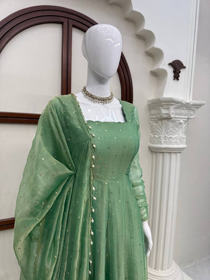 Sage Green Foil Work Gown Set with Pants & Dupatta