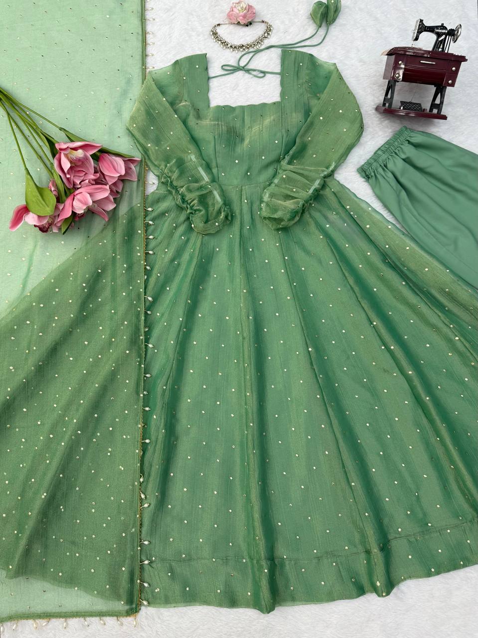 Sage Green Foil Work Gown Set with Pants & Dupatta