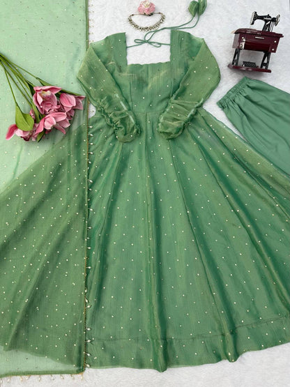 Sage Green Foil Work Gown Set with Pants & Dupatta