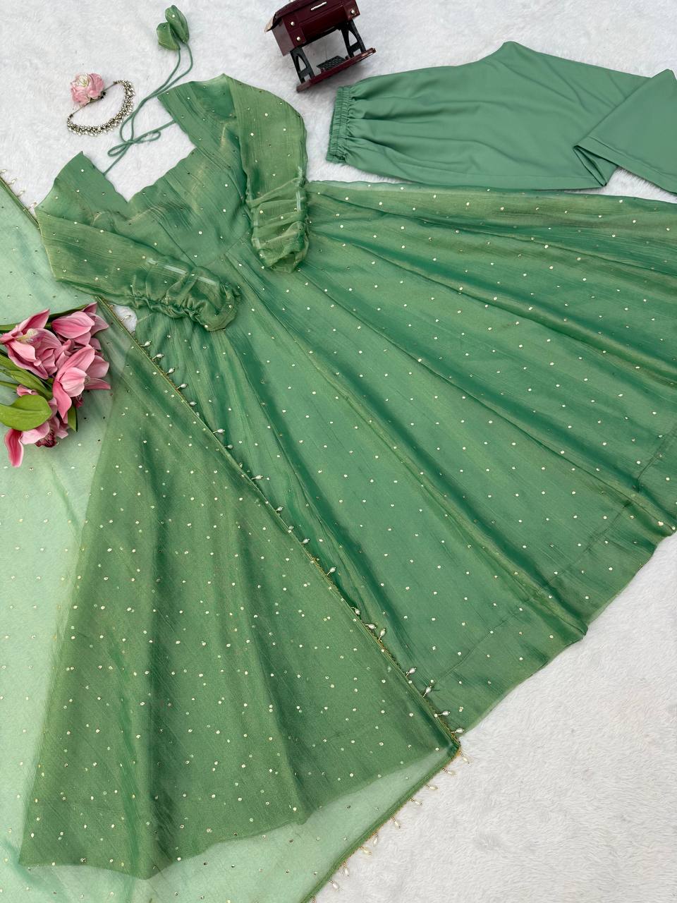 Sage Green Foil Work Gown Set with Pants & Dupatta