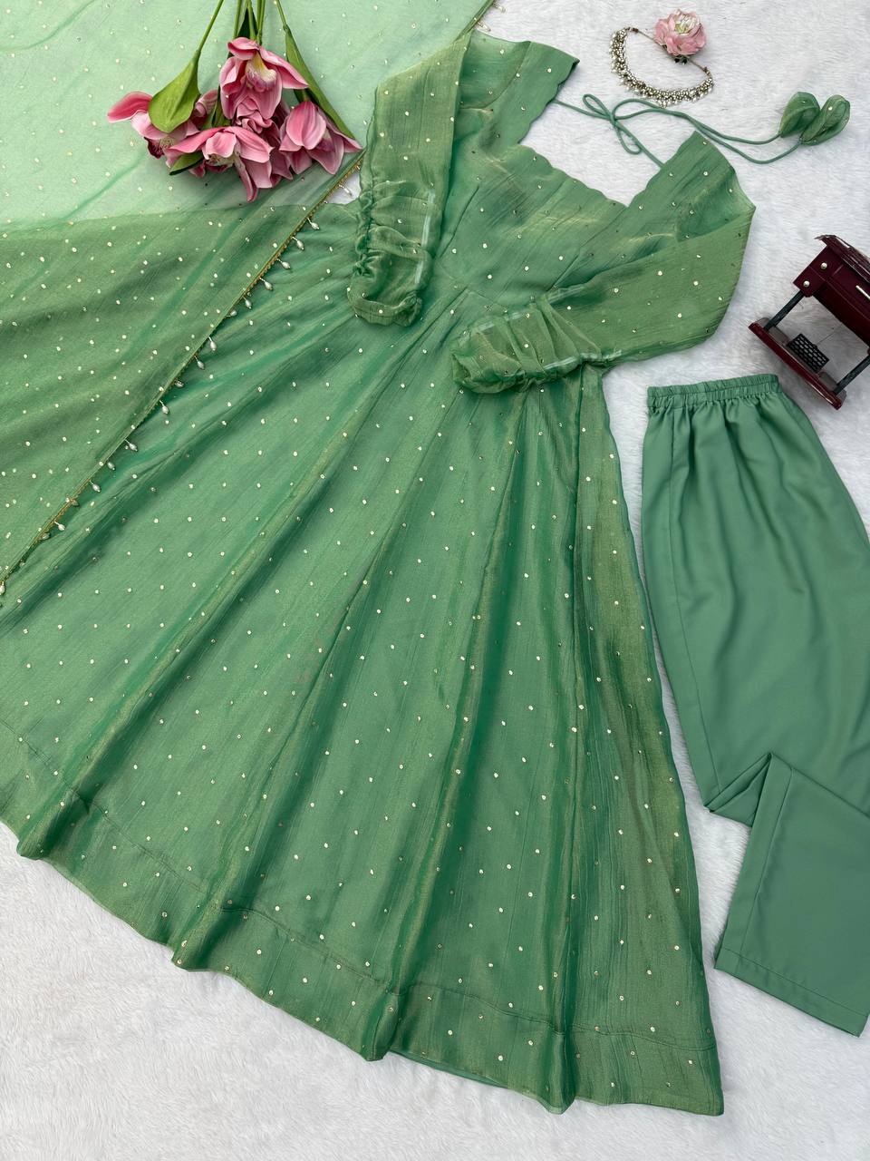 Sage Green Foil Work Gown Set with Pants & Dupatta