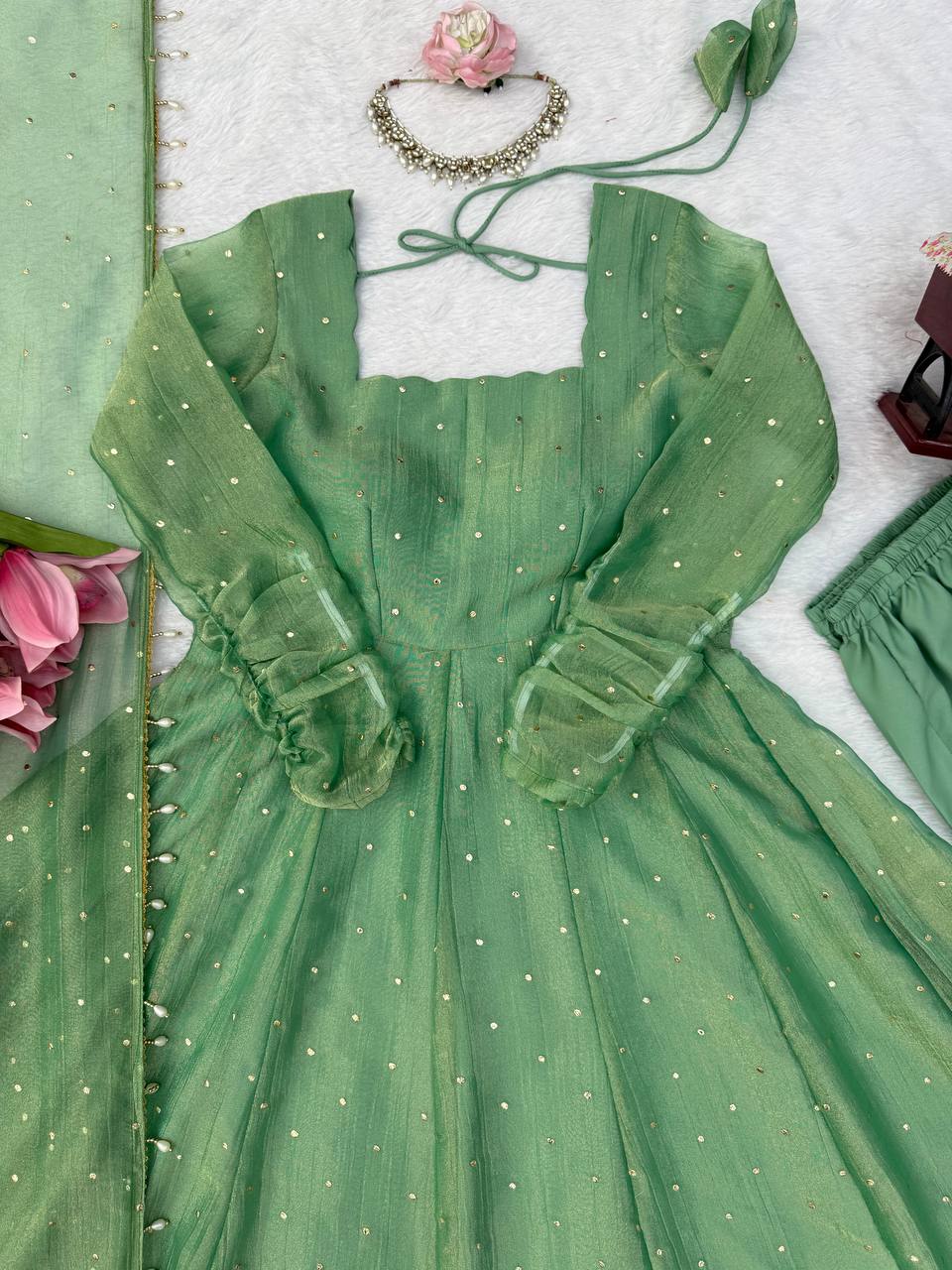 Sage Green Foil Work Gown Set with Pants & Dupatta