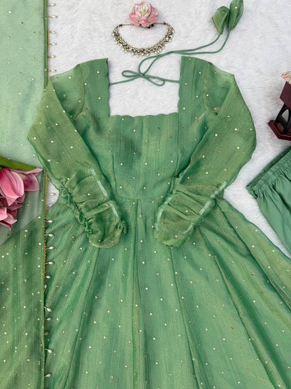 Sage Green Foil Work Gown Set with Pants & Dupatta