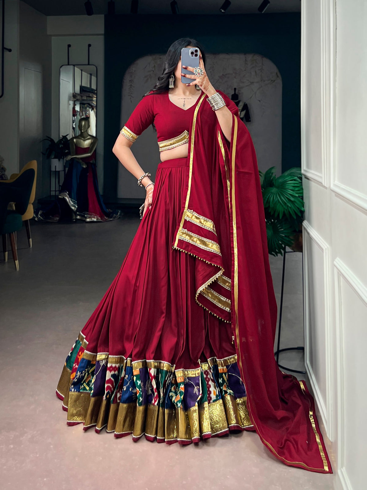 Rayon Printed Lehenga with Embossed Lace & Ghughari Dupatta
