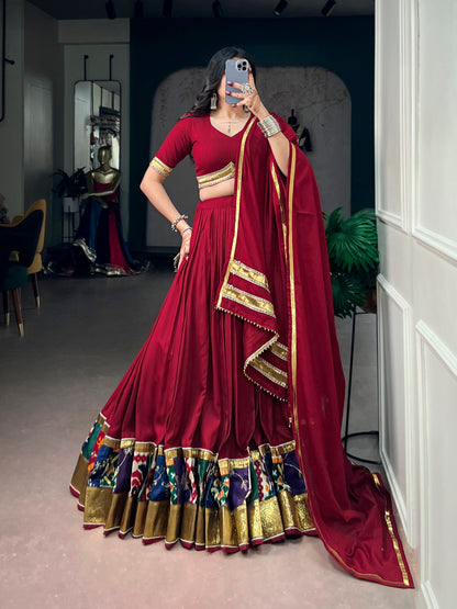 Rayon Printed Lehenga with Embossed Lace & Ghughari Dupatta