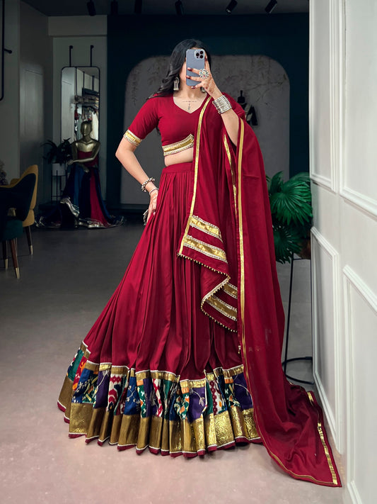 Rayon Printed Lehenga with Embossed Lace & Ghughari Dupatta
