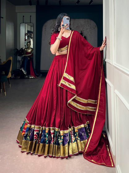 Rayon Printed Lehenga with Embossed Lace & Ghughari Dupatta