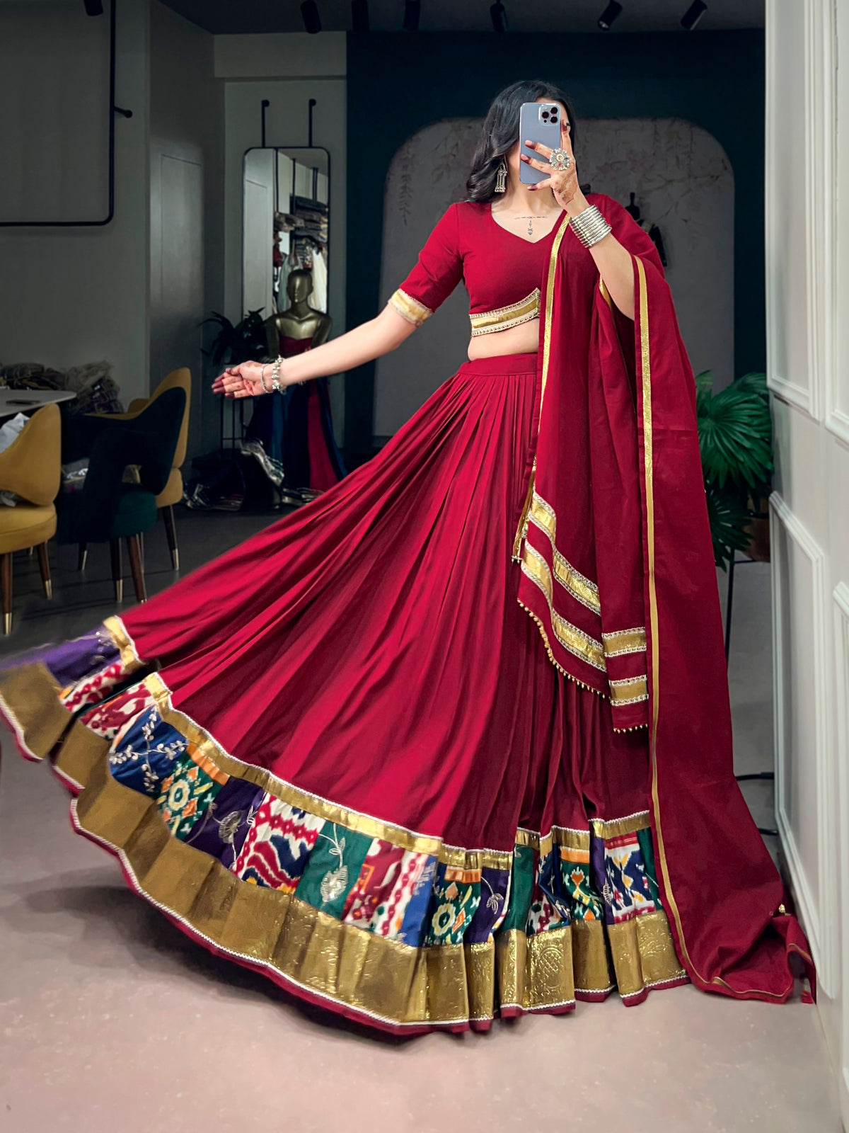 Rayon Printed Lehenga with Embossed Lace & Ghughari Dupatta